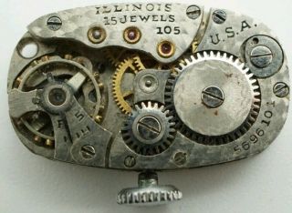 Vintage Illinois Cal.  105 15 Jewel Wrist Watch Movement For Repair