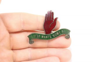 A Rare Antique White Metal Ulster Home Rule Red Hand Enamel Badge Brooch