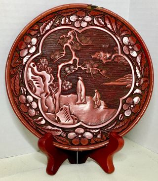 Antique Hand Carved Red Cinnabar Lacquer Round Plate W/ Stand Carved Landscape