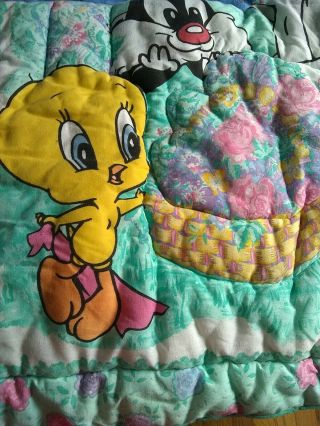 VTG 1998 Warner Bros Baby LOONEY TUNES Blanket Comforter Bugs Tweety FLAW Rare 2
