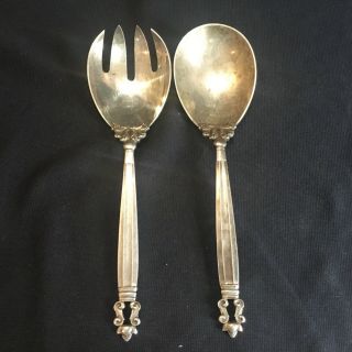 Vintage Georg Jensen Sterling Silver Acorn 9” Vegetable Serving Set Spoon & Fork