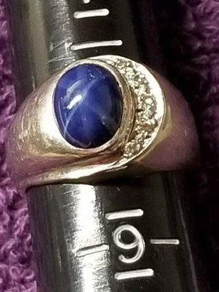 Vintage Mens 14k White Gold Blue Star Sapphire With 5 Diamonds Ring Size 8 1/2