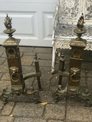 Antique Vintage Cast Iron & Brass Lion Fireplace Andirons.  Log Holder