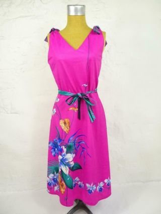 Vintage 60s 70s Kona Coast Hot Pink Hawaiian Floral Print A - Line Dress Sz M