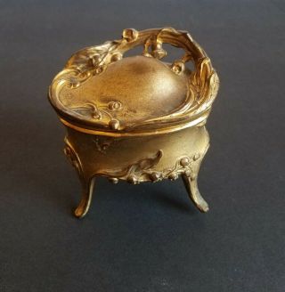 Antique Footed Jewelry / Ring Box Casket Art Nouveau Flower Design Bronze Tone