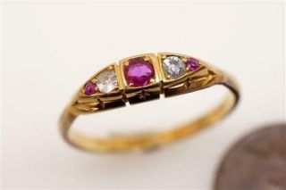 Antique Edwardian English 18k Gold Ruby & Diamond 5 Stone Ring C1910