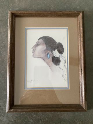 R C Gorman Vintage Art Print Woman Turquoise Earring Navajo Framed Matted 8.  5x11