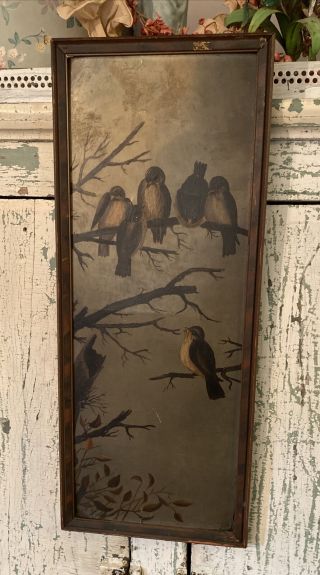 Antique Birds Oil Painting Vertical Framed Late 1800s 26x10.  5 Swallows?