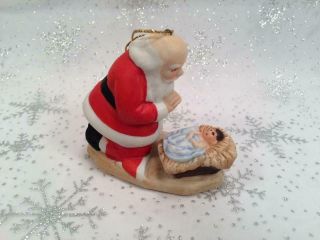 Vintage 1985 Kneeling Santa With Baby Jesus Christmas Ornament By Roman Inc.