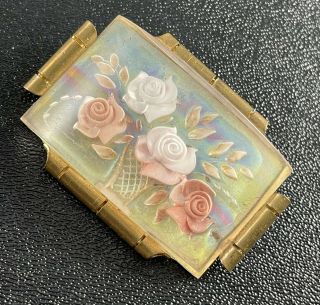 Vintage Antique Brooch Pin 2” Layered Lucite Pink Flowers Trombone Clasp