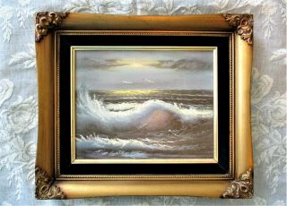 Vintage Framed Oil Painting Ocean Art Sea Beach Nautical Waves At Sunrise Signed