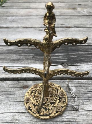 Vintage Antique Gold Tone Tree Earring Jewelry Holder Cherub Baby Floral Mova