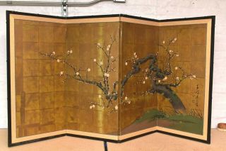 Japanese Vtg Chinese 4 Panel Folding Screen Byobu Painted 72x36 Asian Antique.