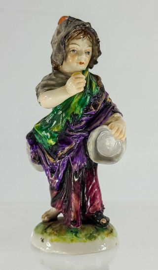 Antique Naples Capodimonte Italian Porcelain Figure Of Beggar Boy Pauper Signed