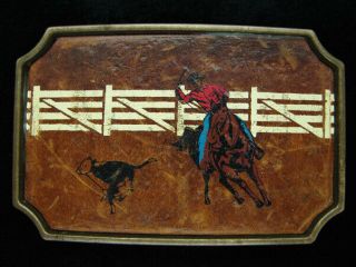 Of09139 Vintage 1970s Calf Roping Rodeo Leather Solid Brass Bts Buckle