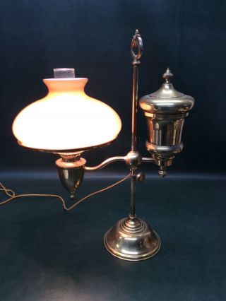 Antique Brass Oil Student Lamp Cased Shade Restored And Electrified