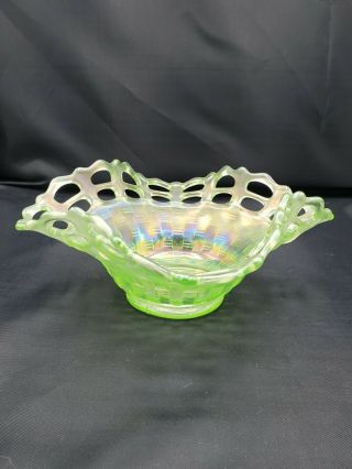Antique Ice Green Carnival Glass Basket Weave Uranium Glass Bowl