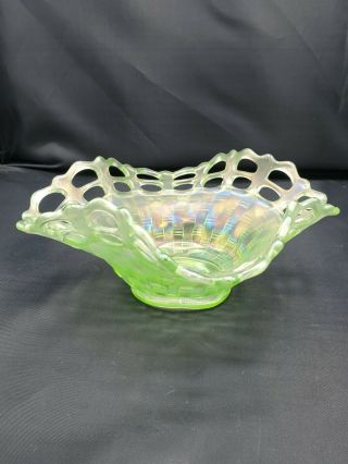 Antique Ice Green Carnival Glass Basket Weave Uranium Glass Bowl 2
