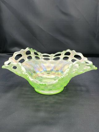 Antique Ice Green Carnival Glass Basket Weave Uranium Glass Bowl 3