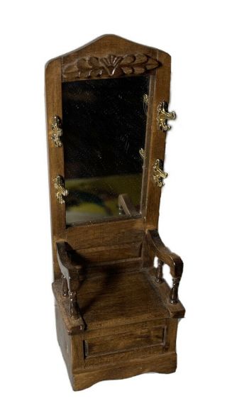 1/12 Scale Wood Dollhouse Hall Tree W/ Mirror,  Seat Storage Miniature Furniture