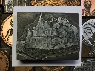 Antique Vtg Wood Metal Victorian House Letterpress Print Type Cut Ornament Block