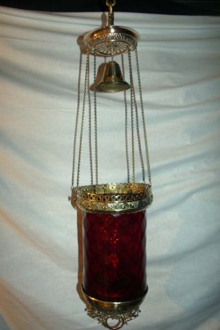 Antique B & H Hanging Hallway Oil Lamp (dark Cranberry Diamond Quilt Shade)