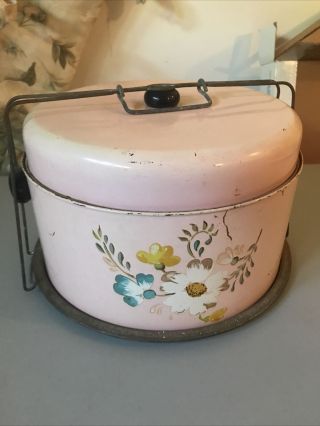 Antique Vintage Shabby Pink Tin Metal Cake Carrier Keeper Locking Handle