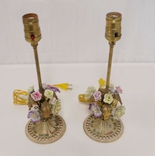 Vtg Pair French Boudoir Lamps Porcelain Flowers Gilt Leaves Metal Ptd Roses Base