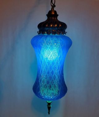 Vintage 60s Mid Century Modern Blue Glass Swag Hanging Light Lamp 20 Inches Long