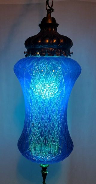 Vintage 60s Mid Century Modern Blue Glass Swag Hanging Light Lamp 20 inches long 2