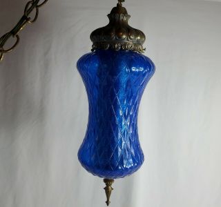 Vintage 60s Mid Century Modern Blue Glass Swag Hanging Light Lamp 20 inches long 5