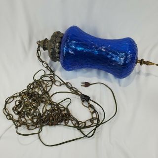 Vintage 60s Mid Century Modern Blue Glass Swag Hanging Light Lamp 20 inches long 6