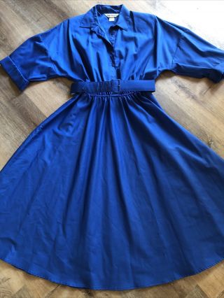 Vintage Belted Blue Cotton Blend Dress 1980’s Does 1950’s Pin - Up Fit Flare M