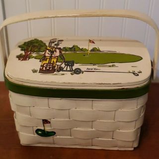 Vintage Signed Caro Nan Wooden Basket Box Purse Golf Bag White And Green Tee