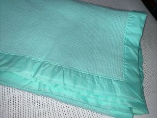 Vintage Waffle Weave Baby Crib Blanket Aqua Green Acrylic W/ Nylon Trim Lovey