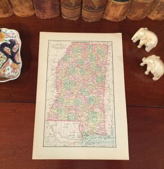 1891 Antique Map Mississippi Jackson Gulfport Biloxi Tupelo Greenville