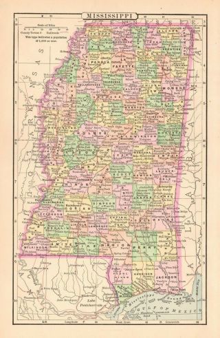 1891 Antique Map MISSISSIPPI Jackson Gulfport Biloxi Tupelo Greenville 2