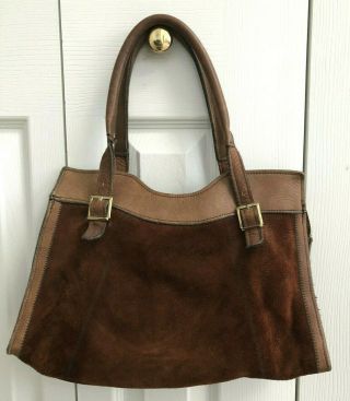 Vintage Rugged Brown Leather And Suede Satchel Purse Hand Bag