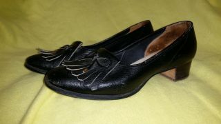 Vintage 1960 ' s Black Leather Fringe Shoes Manor Bourne I.  Magnin Size 5 B 3