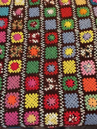 Vintage 1970’s Multicolored Hand Crochet Afghan Blanket Throw Granny Squares