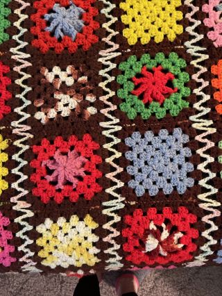 Vintage 1970’s Multicolored Hand Crochet Afghan Blanket Throw Granny Squares 3