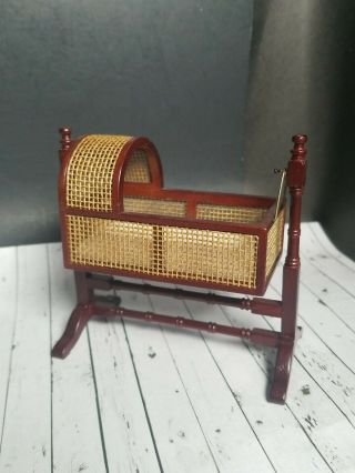 Vintage Miniature Dollhouse Wood Rocking Baby Cradle Bed Cushion Dark Brown