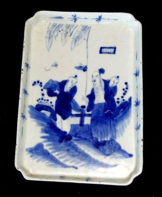 19c Chinese Blue & White Glaze Porcelain Tray W Scholar & Attendants Motif (hen)