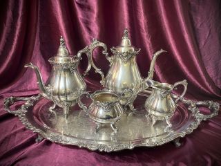 Wallace Baroque Silver Plated Coffee & Tea Set W/ Large Waiter Tray 294