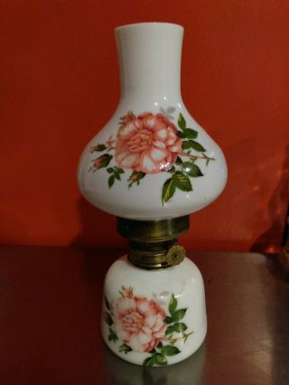 Vintage Milk Glass Small Oil Lamp Hand Painted W/ Pink Roses 7.  75”