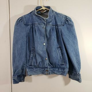 Vintage Street Worn Denim Blue Jean Jacket 12 Elastic Waist Puffy Sleeves