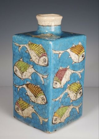 Iznik Persian Islamic Pottery Bottle Vessel Turquoise Blue W/ Fish Decoration