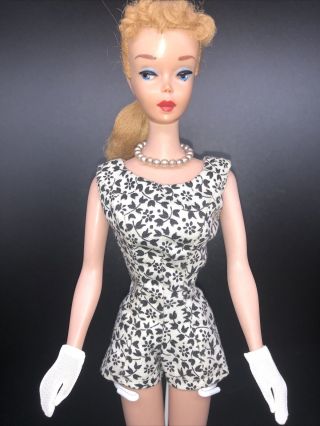 Vintage Barbie Scoop Neck Playsuit Romper Black & White Floral Pak W/ Tag & Snap