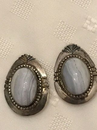 Blue Lace Agate Southwest Vintage Sterling Silver Large Clip - On Earrings