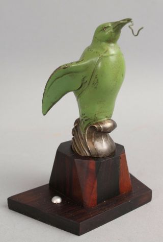 Antique Art Deco Green Painted Penguin Pocket Watch Holder W/ Wood Base Nr